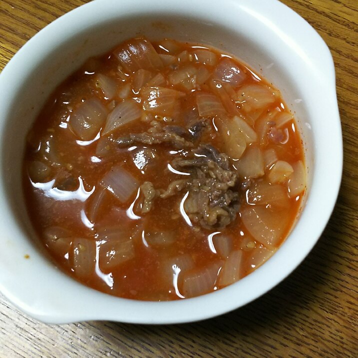 新玉ねぎとコストコ プルコギ肉のトマトスープ